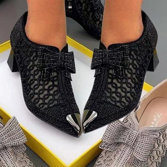 Sparkly Rhinestone Sandal Bootie Bowknot Pointed Toe Net Yarn Chunky Heel, 10.5 - Picture 2 of 16